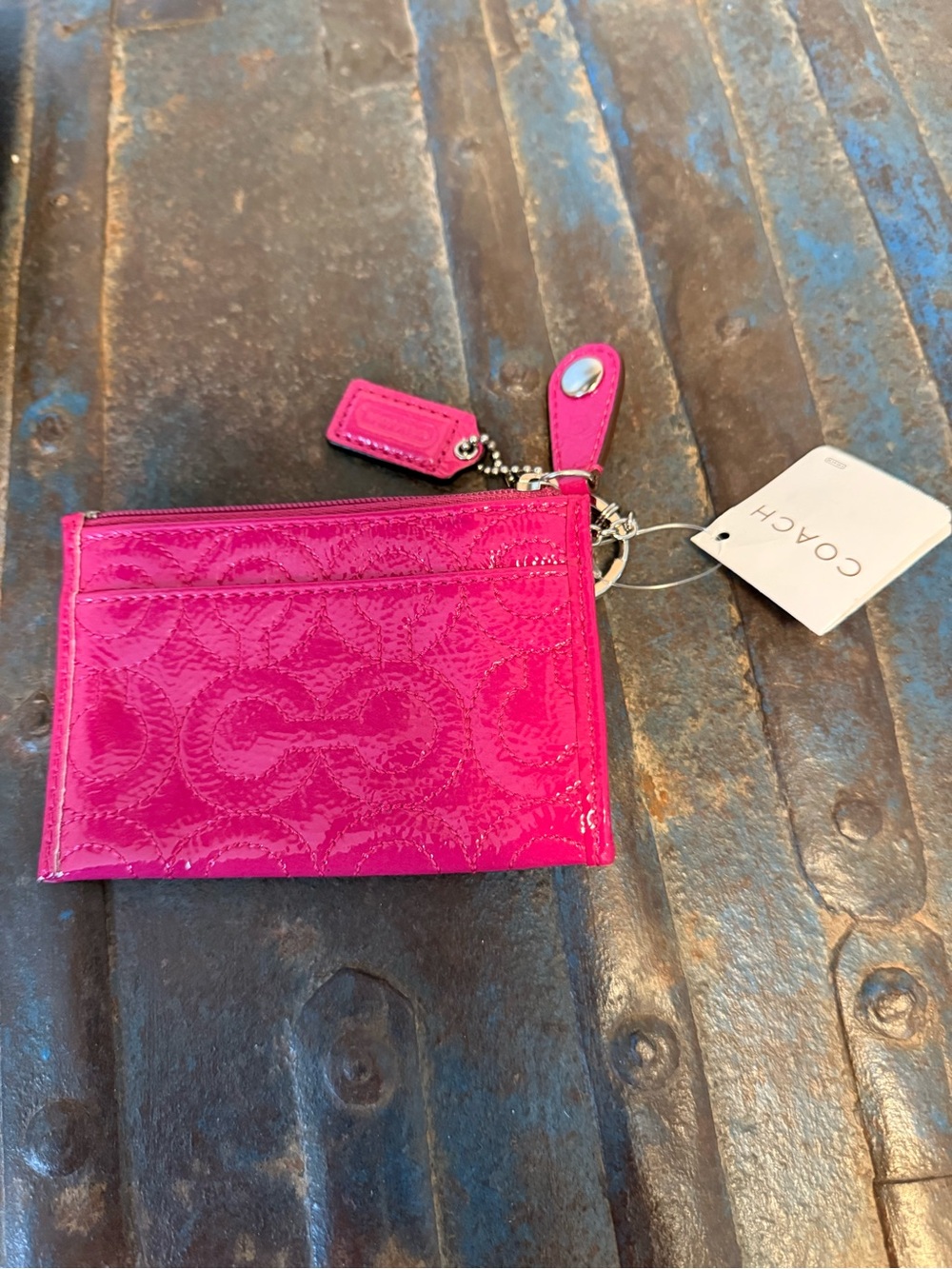 Coach Hot Pink Patent Leather Card Case with Keyring
